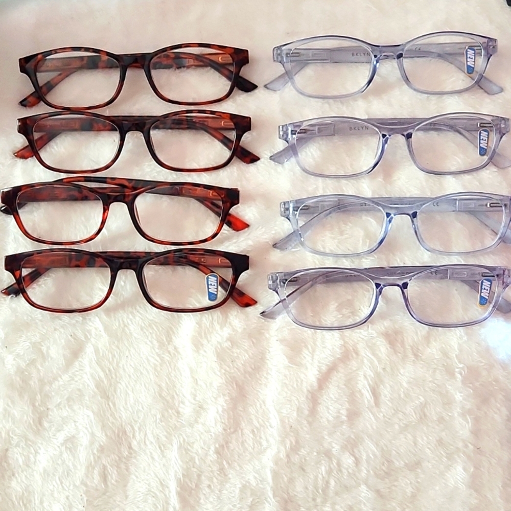 Bklyn Reading Glasses lot of 8 pairs. Purple & Tort Brownish Red
